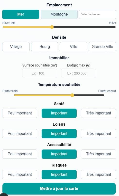 Filtres de recherche de la carte interactive