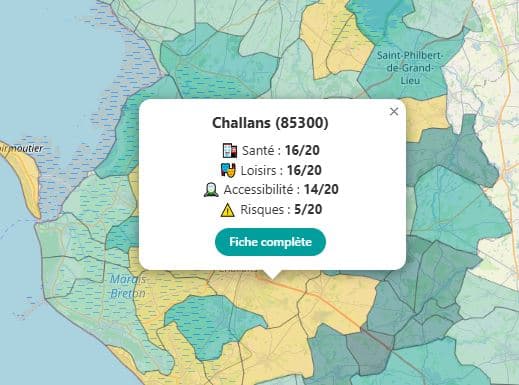 Exemple de popup d'une commune sur la carte
